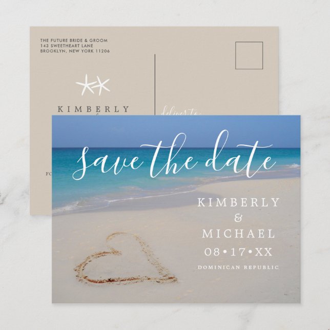 Tropical Beach with Sand Heart Save the Date Annou Announcement Postcard (Front/Back)