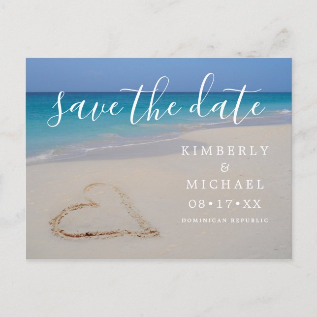 Tropical Beach with Sand Heart Save the Date Announcement Postcard (Front)