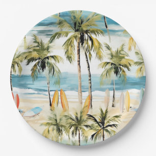 Tropical Beach with Surfboards  Paper Plate