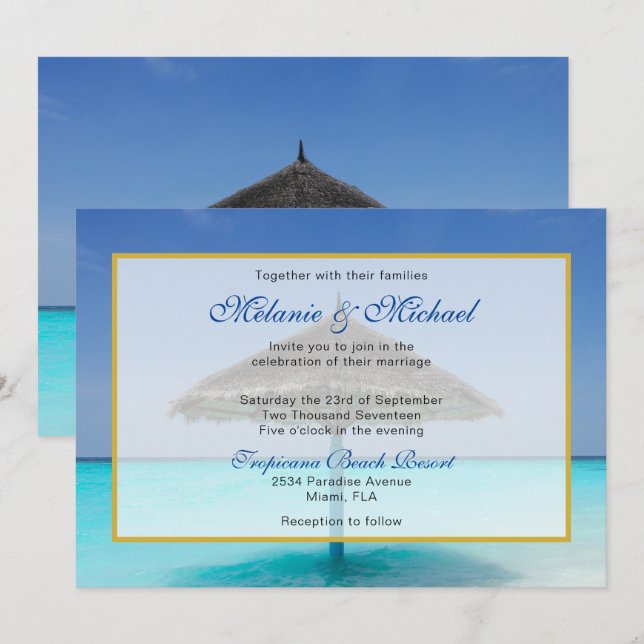 Tropical Beach with Thatched Umbrella Wedding Invitation (Front/Back)