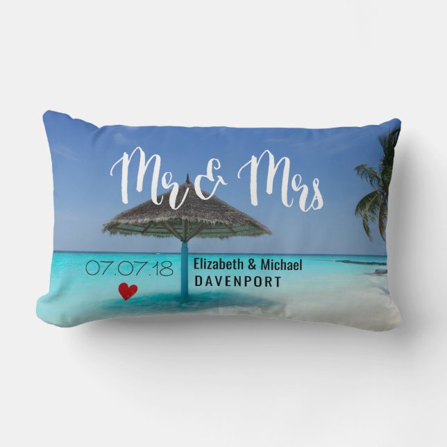 Tropical Beach with Thatched Umbrella Wedding Lumbar Pillow (Front)