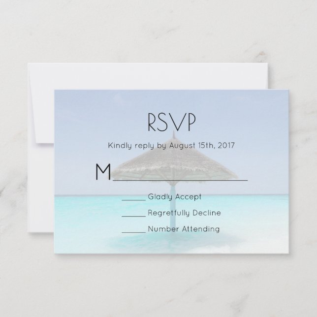 Tropical Beach with Thatched Umbrella Wedding RSVP Card (Front)