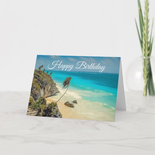 Tropical Beach with Wind Swept Palm Trees Birthday Card (Front)