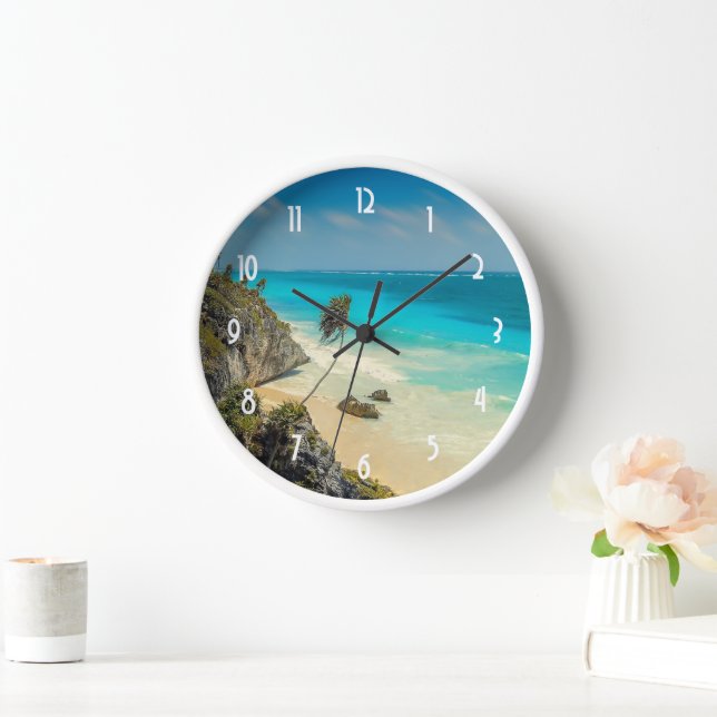 Tropical Beach with Wind Swept Palm Trees Clock (Home)