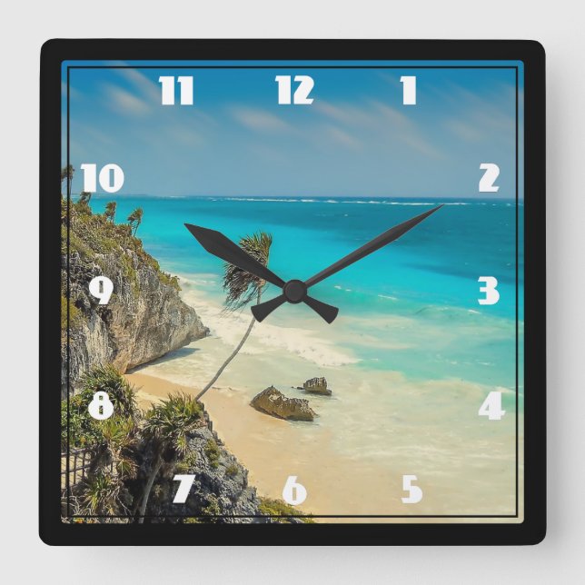 Tropical Beach with Wind Swept Palm Trees Square Wall Clock (Front)
