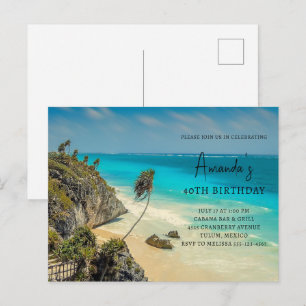 Tropical Beach with Wind Swept Palms Birthday Invitation Postcard