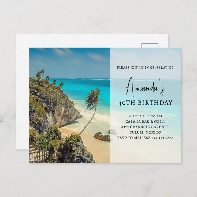 Tropical Beach with Wind Swept Palms Birthday Invitation Postcard (Front/Back)