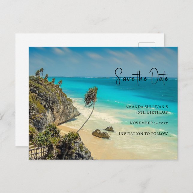 Tropical Beach with Wind Swept Palms Save the Date Invitation Postcard (Front/Back)
