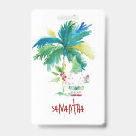 Tropical Beach Xmas Name Tags Badge<br><div class="desc">These xmas name tags are designed using hand-painted watercolor palm tree with Christmas elf in flip flops on the beach—perfect for a company Christmas party, conference or business. Easily customize each name tag using the editable name tags template for a cohesive and stylish design. Explore the full Christmas theme here:...</div>