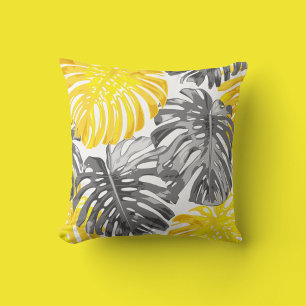Tropical Beach Yellow White Monstera Jungle Leaves Throw Pillow