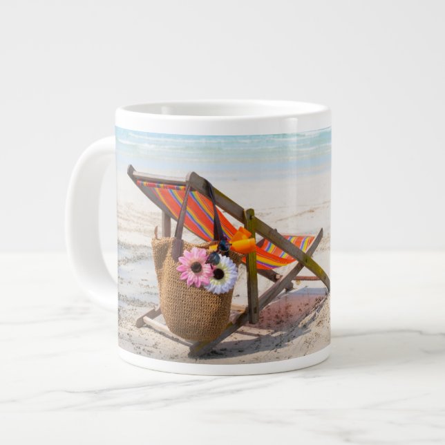 Tropical Beaches | Beach Chair on Sand Large Coffee Mug (Front Left)