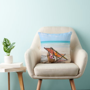 Tropical Beaches   Beach Chair on Sand Throw Pillow