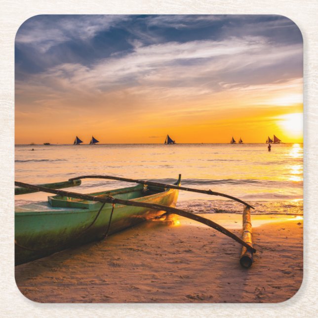 Tropical Beaches | Boracay's White Beach Square Paper Coaster (Front)