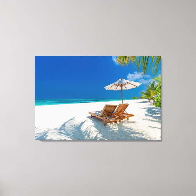 Tropical Beaches | Lounge Chairs Beach, Bora Bora Canvas Print (Front)