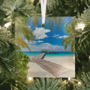 Tropical Beaches   Maldives Island Wooden Jetty Glass Ornament