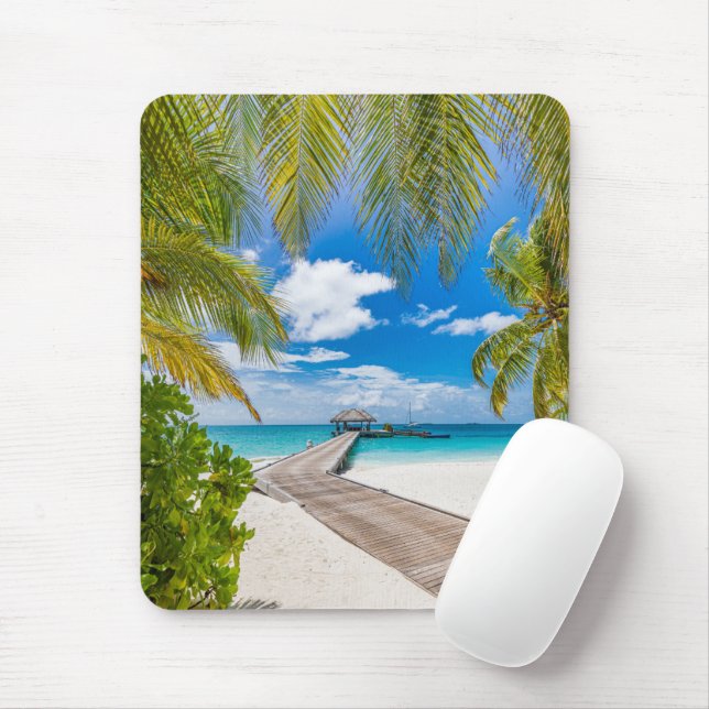 Tropical Beaches | Maldives Island Wooden Jetty Mouse Pad (With Mouse)