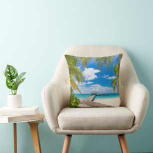 Tropical Beaches   Maldives Island Wooden Jetty Throw Pillow