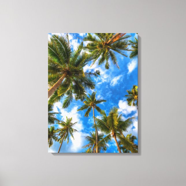 Tropical Beaches | Palm Trees on Blue Sky Canvas Print (Front)
