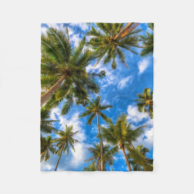 Tropical Beaches | Palm Trees on Blue Sky Fleece Blanket (Front)
