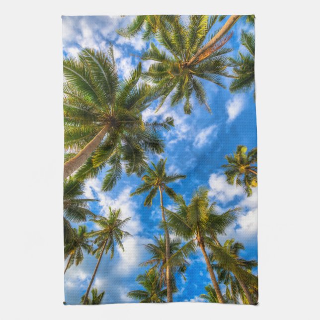 Tropical Beaches | Palm Trees on Blue Sky Kitchen Towel (Vertical)