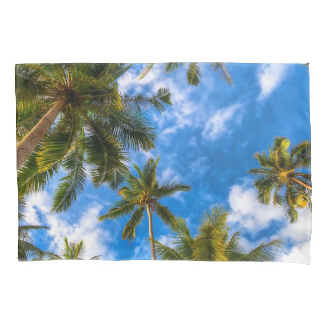 Tropical Beaches | Palm Trees on Blue Sky Pillowcase (Front)