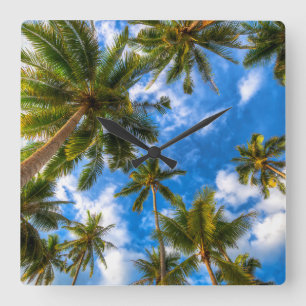 Tropical Beaches Palm Trees on Blue Sky Square Wall Clock