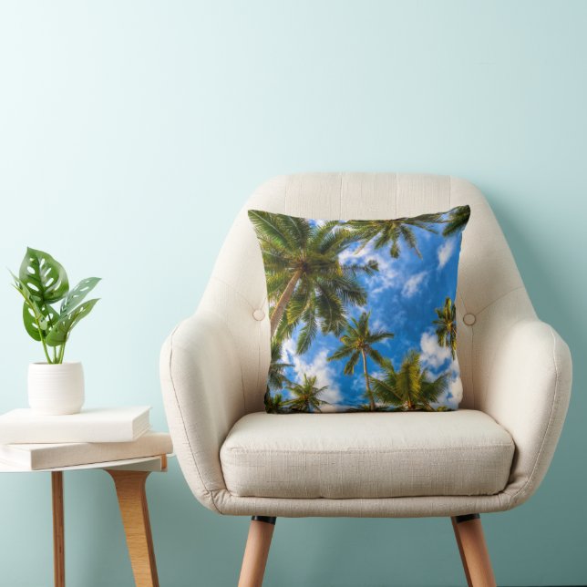 Tropical Beaches | Palm Trees on Blue Sky Throw Pillow (Chair)