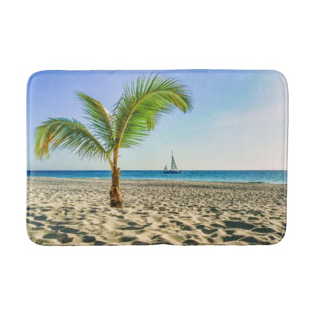 Tropical Beaches | Sailboat, Palm Tree, Aruba Bath Mat (Front)