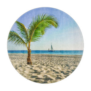 Tropical Beaches Sailboat, Palm Tree, Aruba Cutting Board