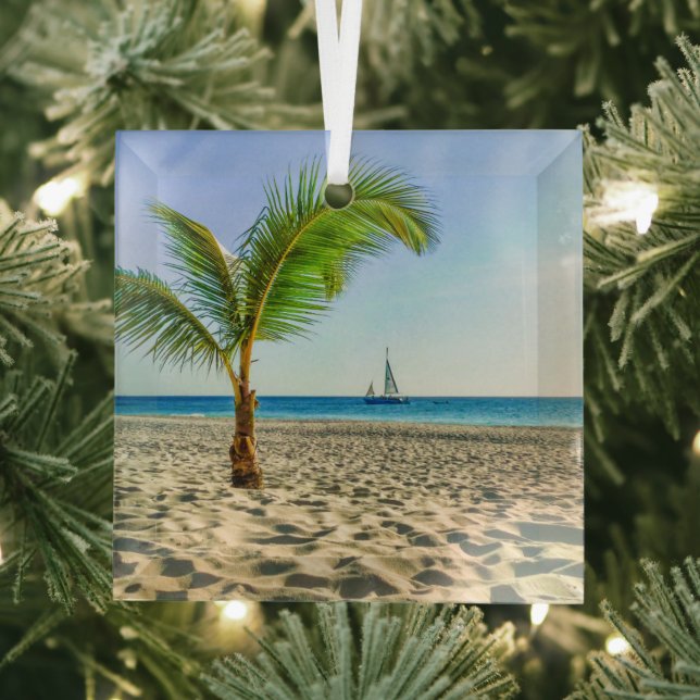 Tropical Beaches | Sailboat, Palm Tree, Aruba Glass Ornament (Insitu)