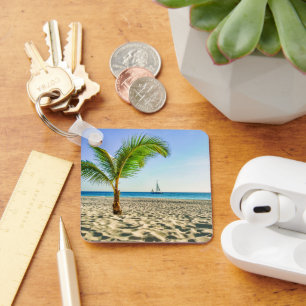 Tropical Beaches   Sailboat, Palm Tree, Aruba Keychain