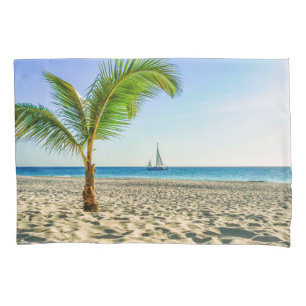 Tropical Beaches Sailboat, Palm Tree, Aruba Pillowcase