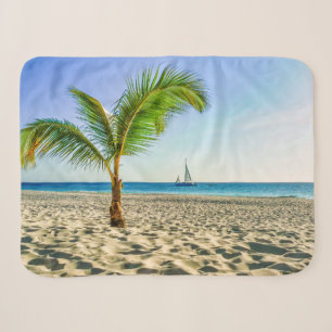 Tropical Beaches   Sailboat, Palm Tree, Aruba Sherpa Blanket