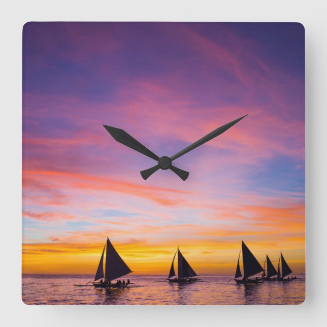 Tropical Beaches | Sunset Sailboats, Phillipines Square Wall Clock (Front)