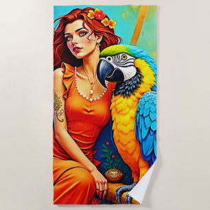 Tropical Beauty and Blue Parrot Design Beach Towel