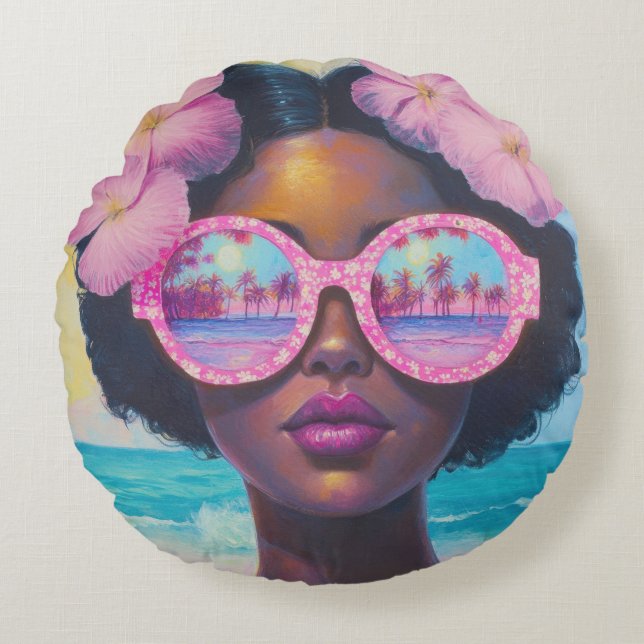 Tropical Beauty in Pink Shades Round Pillow (Front)