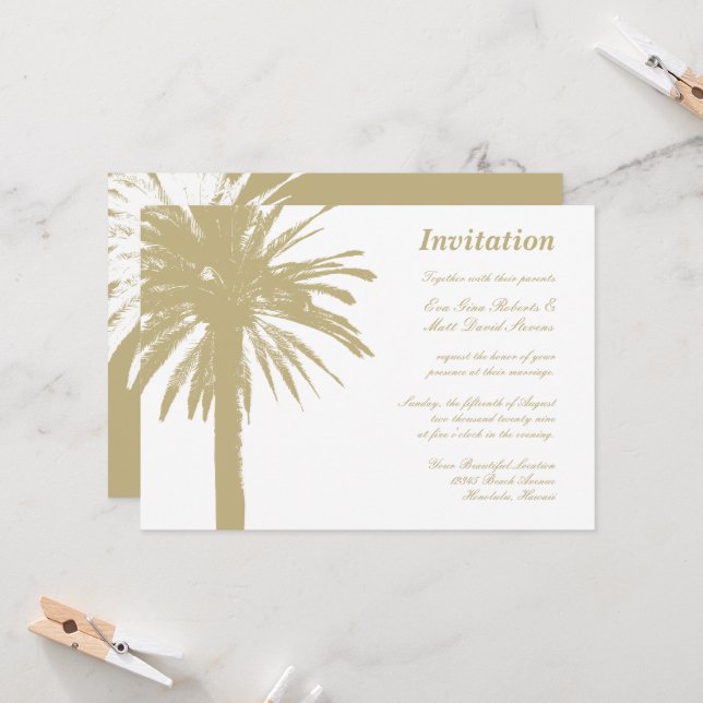 Tropical beige palm tree beach wedding invitations (Front/Back In Situ)