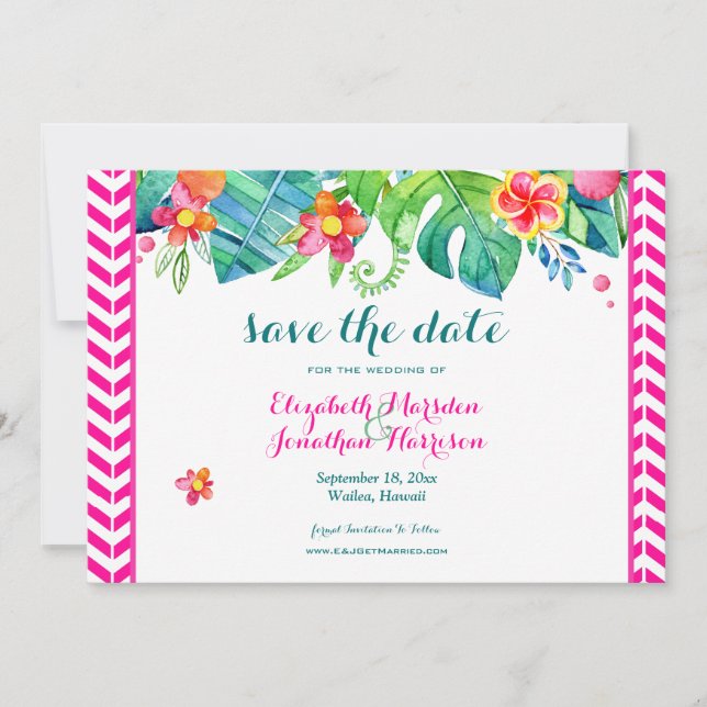 Tropical Berry Pink Teal Floral Chevron Wedding Save The Date (Front)