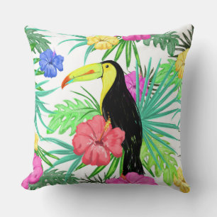 Tropical Bird and Flowers Throw Pillow