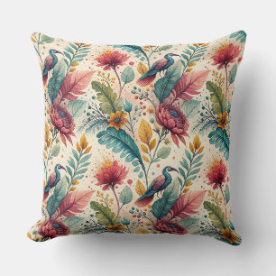 Tropical Bird & Floral Watercolor Painting Pattern Throw Pillow