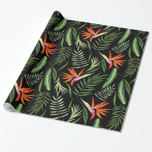 Tropical Bird of Paradise and Ferns on Black Wrapping Paper