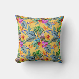 Tropical Bird Of Paradise And Orchid Summer Garden Throw Pillow