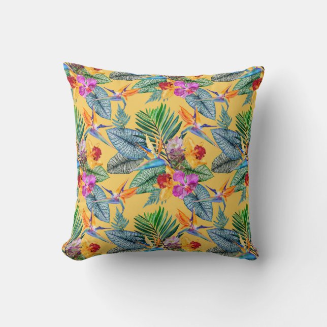 Tropical Bird Of Paradise And Orchid Summer Garden Throw Pillow (Front)