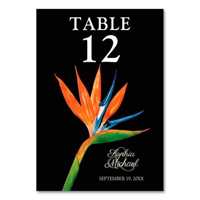 Tropical Bird of Paradise Botanical Wedding Table Number (Front)