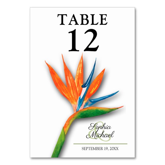 Tropical Bird of Paradise Botanical Wedding Table Number (Front)