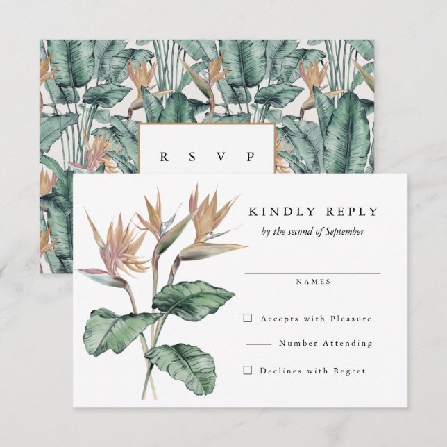 Tropical Bird of Paradise Flowers Wedding RSVP Card (Front/Back)