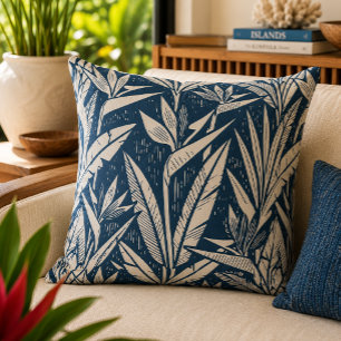 Tropical Bird of Paradise Linocut Throw Pillow
