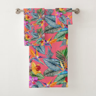 Tropical Bird Of Paradise & Orchid Spring Garden  Bath Towel Set