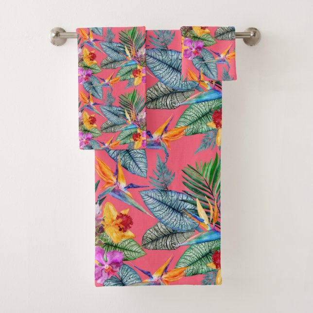 Tropical Bird Of Paradise & Orchid Spring Garden  Bath Towel Set (Insitu)