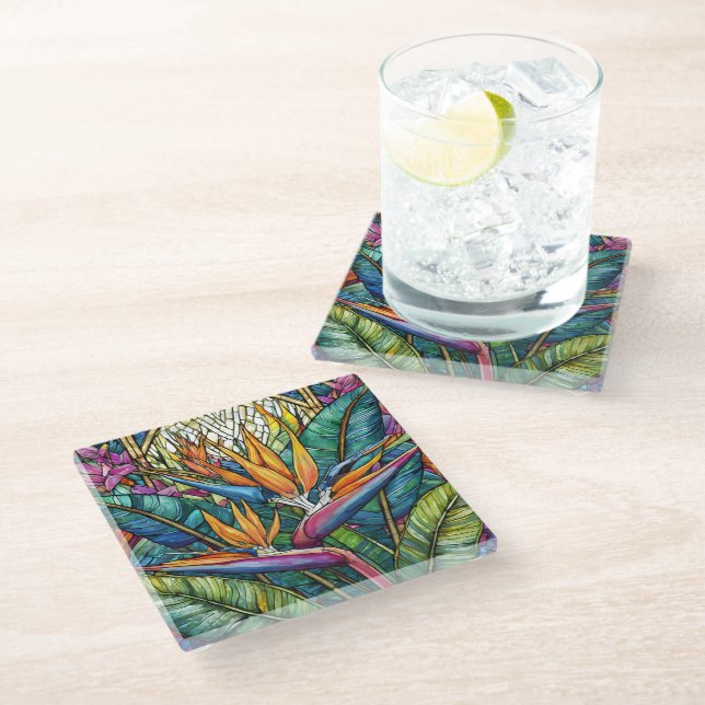 Tropical Bird of Paradise Stained glass art Glass Coaster (Angled)